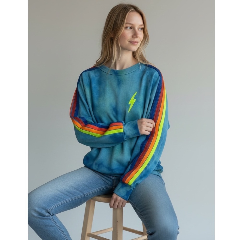 Aviator Nation Blue Tie Dye Sweatshirt XS Rainbow Stripe Lightning Bolt Pullover
